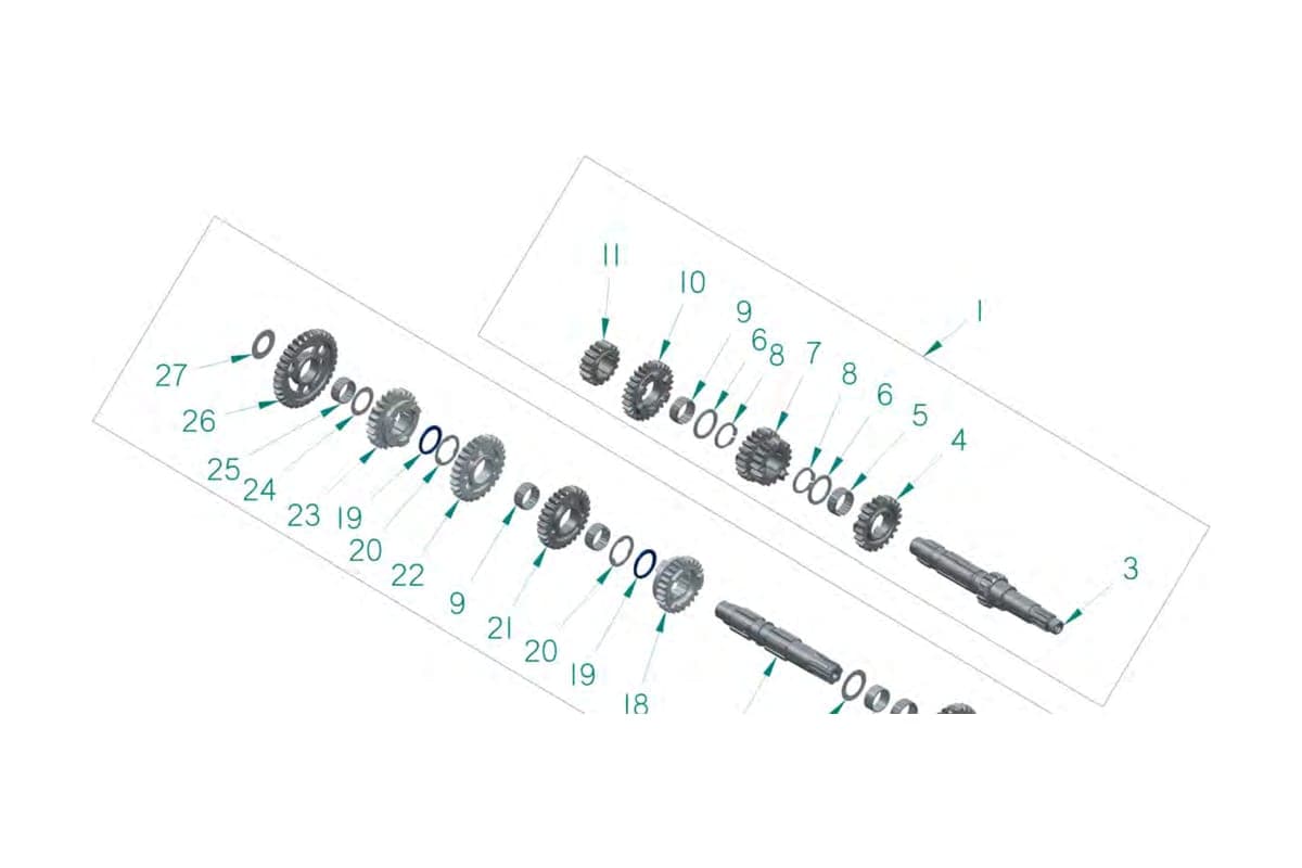 Exploded view of the LKE REV1 KZ gearbox shafts and gears